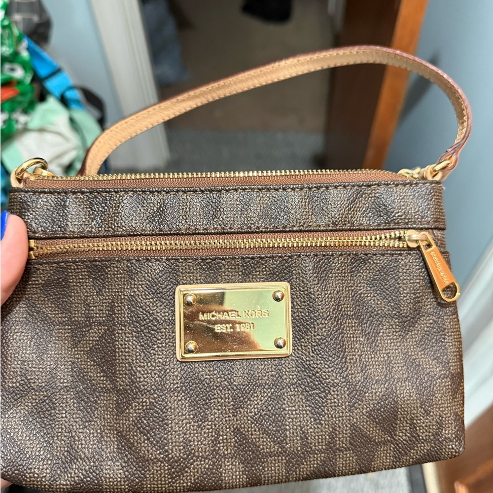 Michael Kors Brown Logo Print Wristlet with Gold Hardware